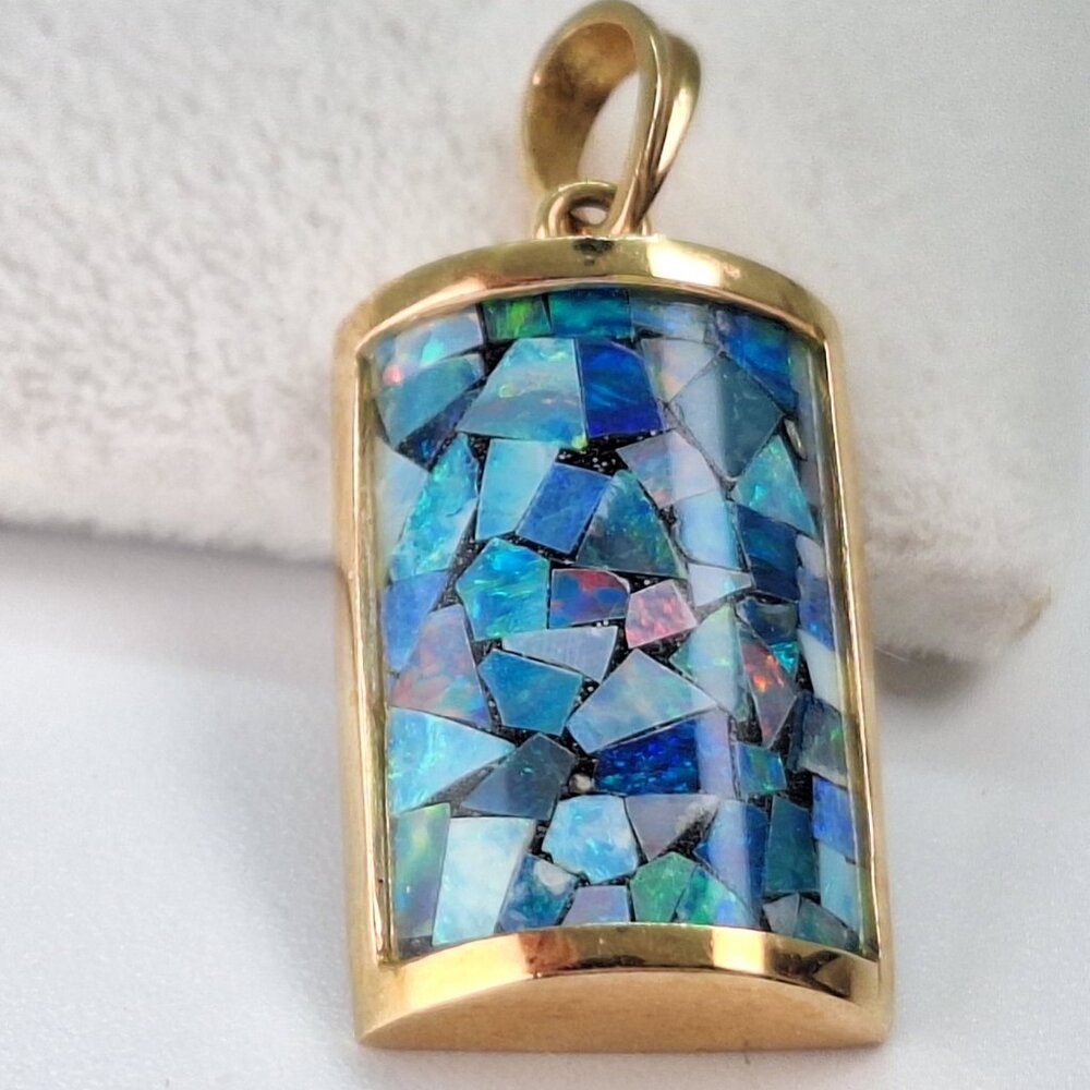 Vintage Genuine Mosaic Opal set in 14K Gold Pendant